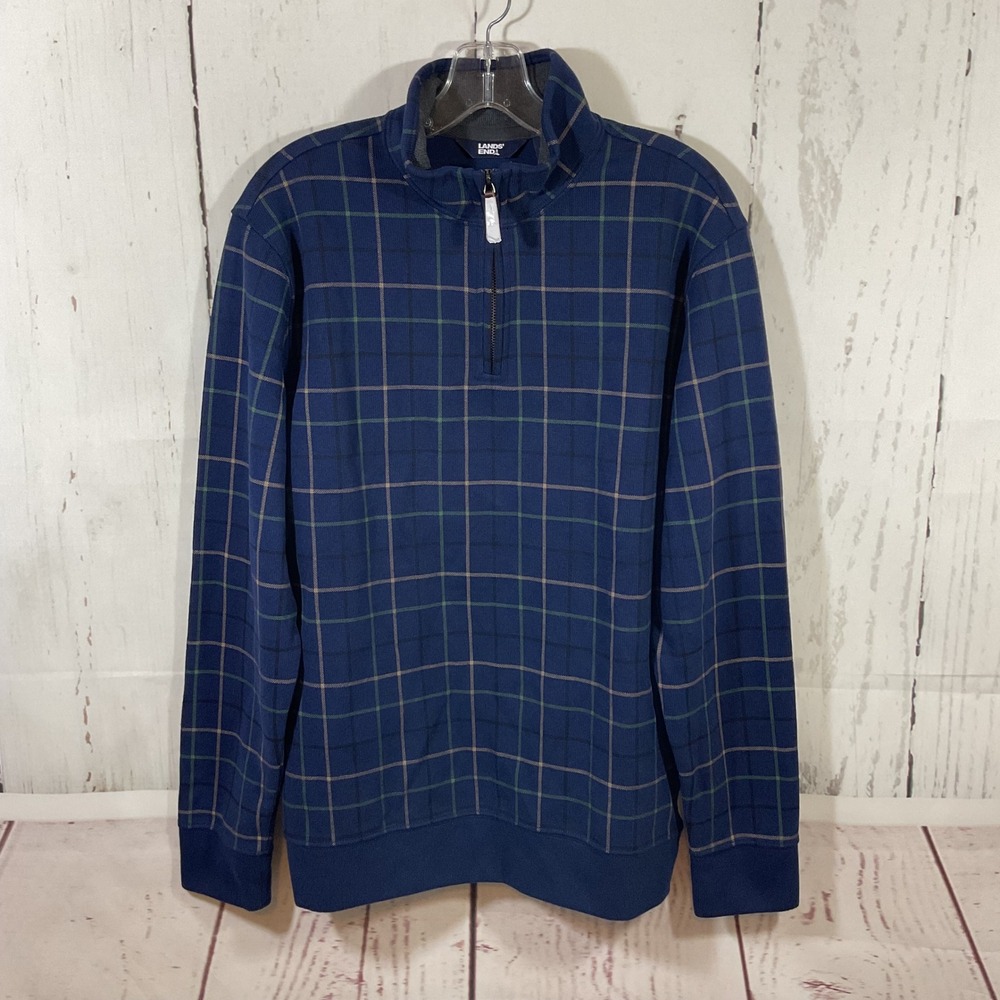 Lands End Mens Bedford Rib Quarter Zip Pullover Sweater M Navy Blue Plaid Preppy